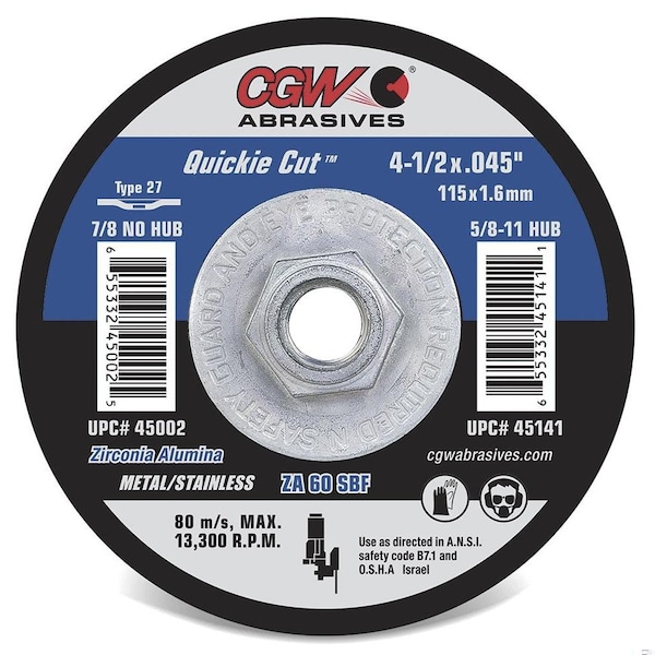 Cgw Abrasives Abrasive Cut-Off Wheel, Type 27, 4-1/2 in Dia, 0.045 in Thick, Zirconia Alumina, 60 Grit 45002 - main